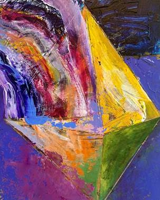 Painting by Greg Angus: a yellow and green geometric form against sweeping bands of red, violet and blue